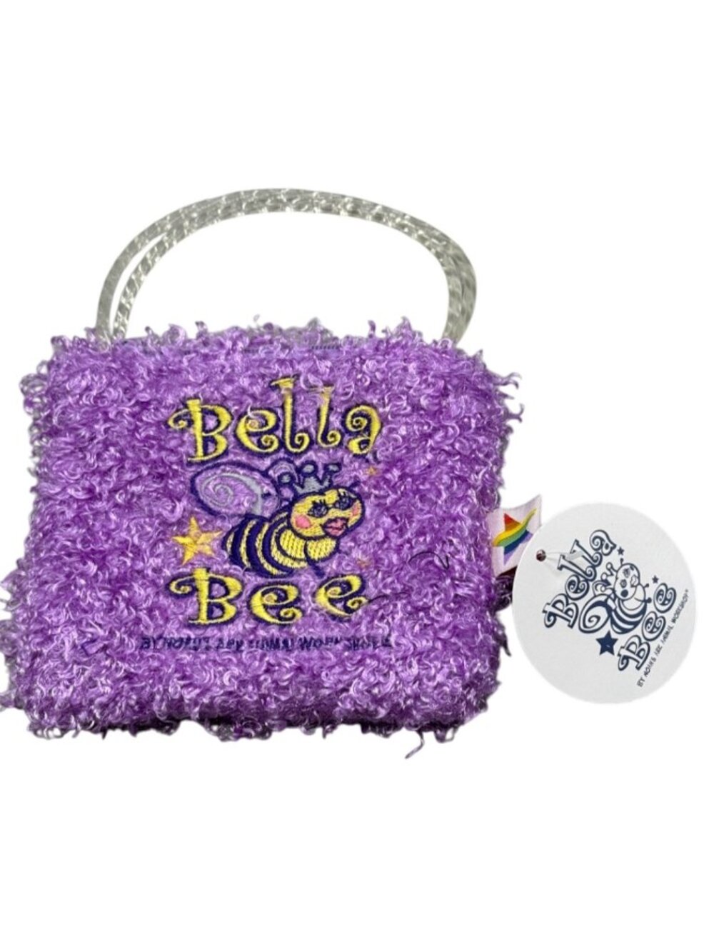 Bella Bee Purple Fuzzy Handbag Clear Handle for kids plastic handles 5x7" READ